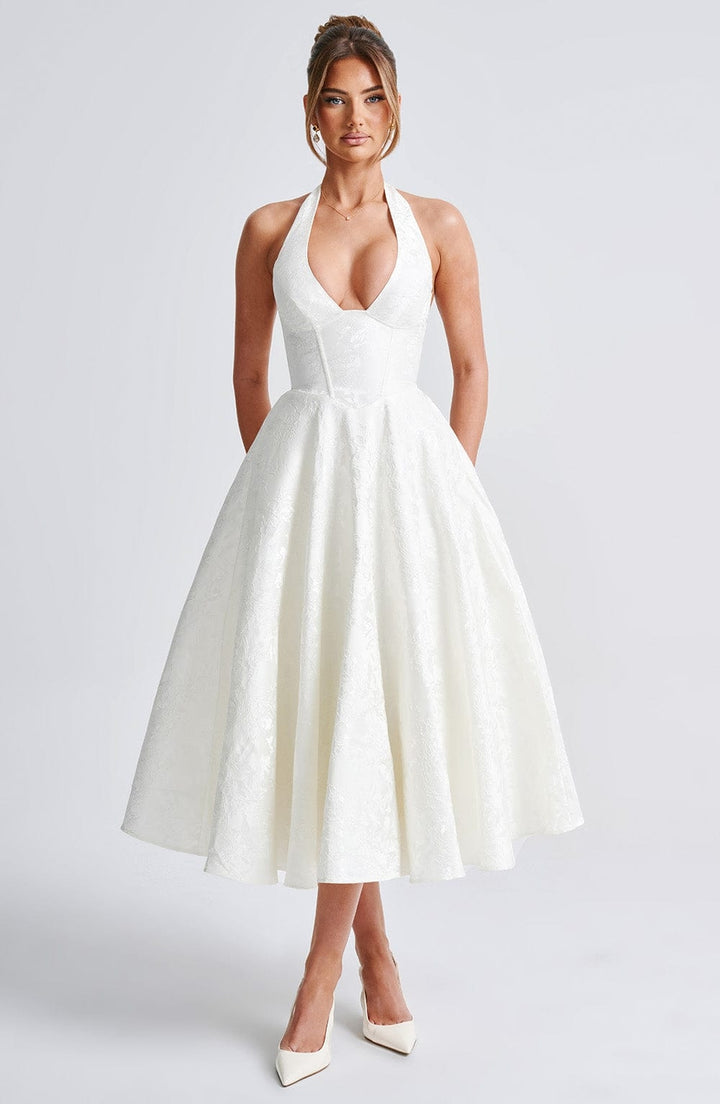 Flared Floral Jacquard Wedding Guest Midi Dress with Halter Neck for Women
