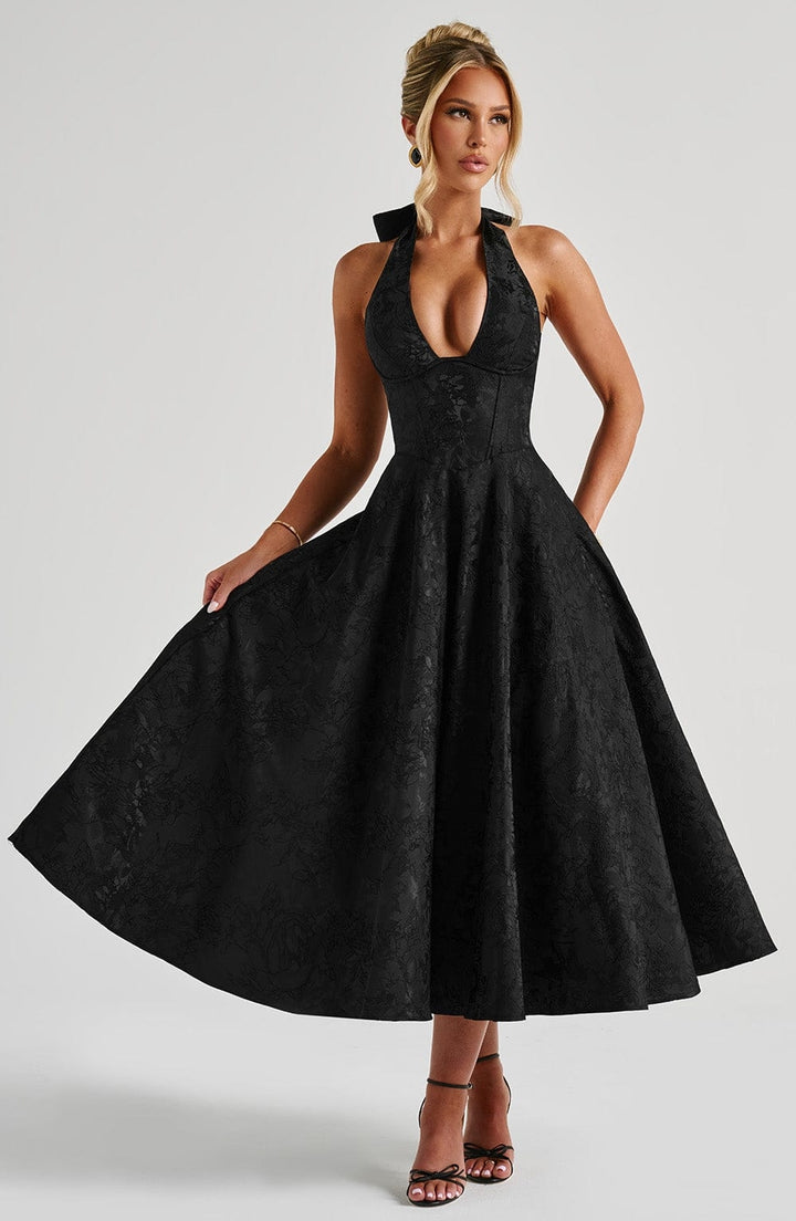 Flared Floral Jacquard Wedding Guest Midi Dress with Halter Neck for Women