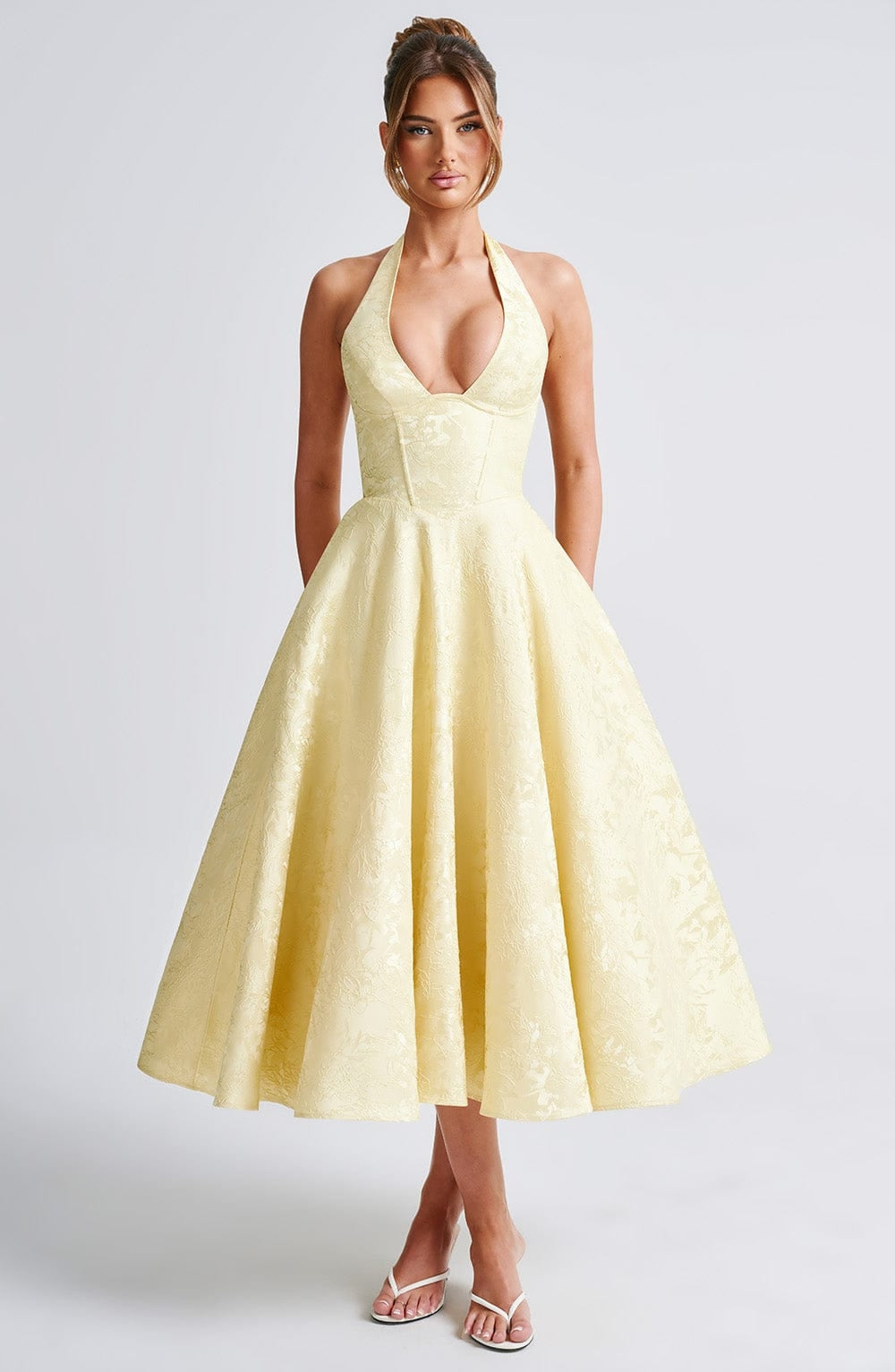 Flared Floral Jacquard Wedding Guest Midi Dress with Halter Neck for Women