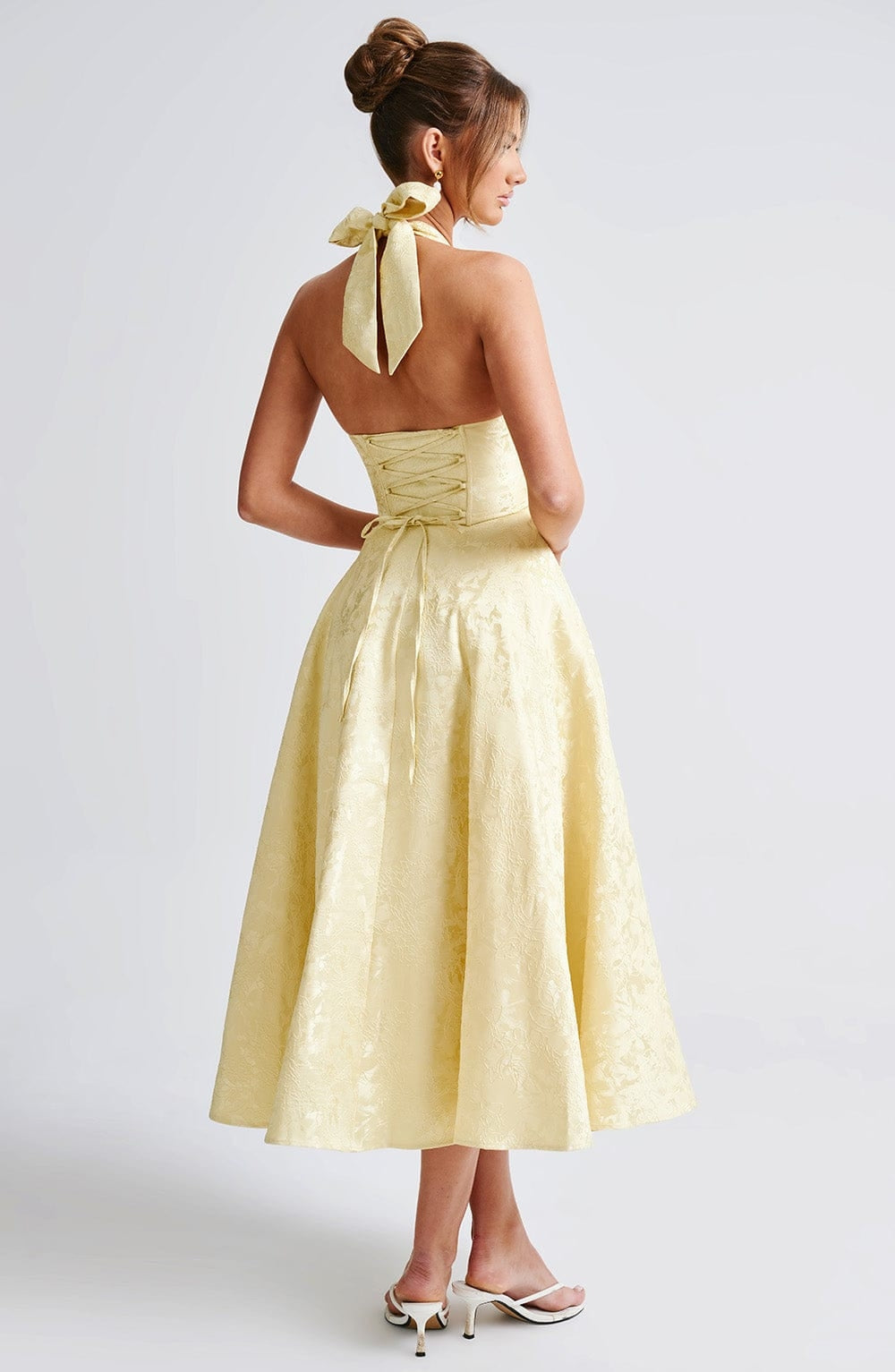 Flared Floral Jacquard Wedding Guest Midi Dress with Halter Neck for Women