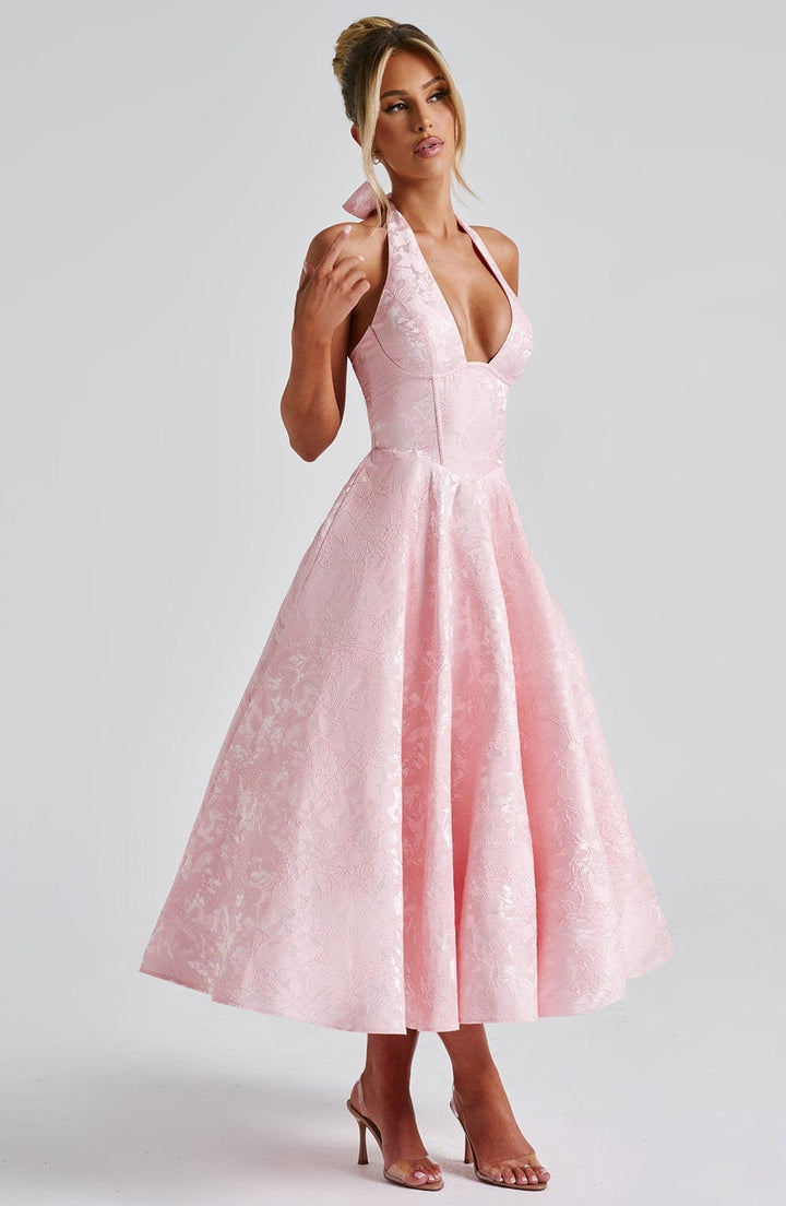 Flared Floral Jacquard Wedding Guest Midi Dress with Halter Neck for Women