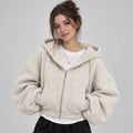 Fleece-Lined Cropped Zip Up Hoodie with Ribbed Cuffs for Women