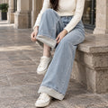 Fleece Lined Wide-Leg Jeans with High-Rise Waist for Women