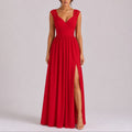 Flowy Chiffon Lace Fall Wedding Guest Maxi Dress with Side Slit for Women