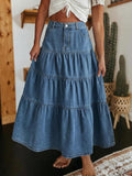 Flowy High-Waisted Tiered Denim Maxi Skirt with Side Pockets for Women