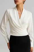 Flowy Satin Blouse with Puff Sleeves and Pleated Waist for Women