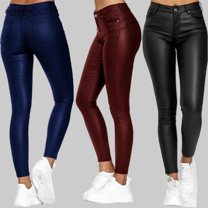 High-Waisted Stretch Faux-Leather Skinny Pants with Five Pockets for Women