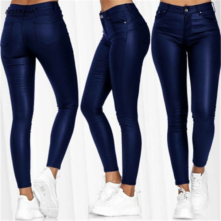 High-Waisted Stretch Faux-Leather Skinny Pants with Five Pockets for Women