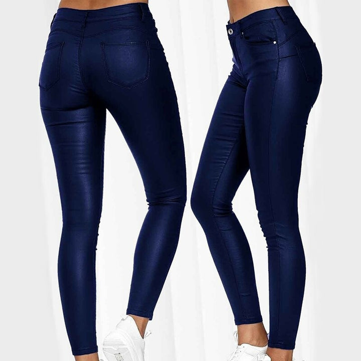 High-Waisted Stretch Faux-Leather Skinny Pants with Five Pockets for Women