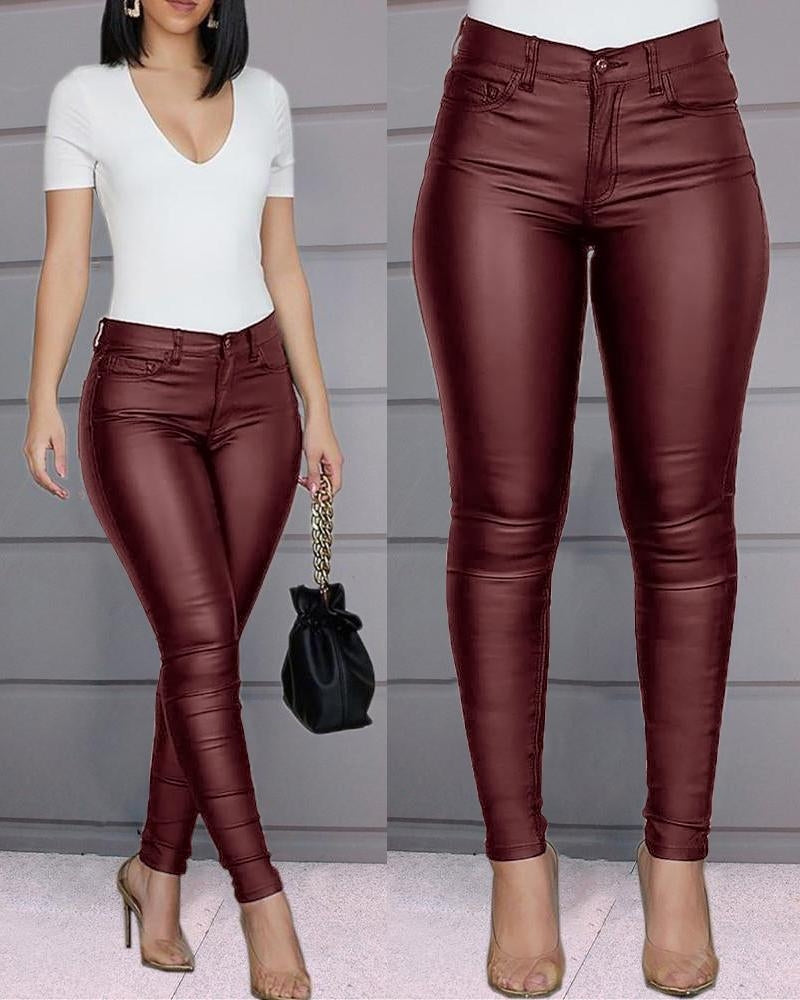 High-Waisted Stretch Faux-Leather Skinny Pants with Five Pockets for Women
