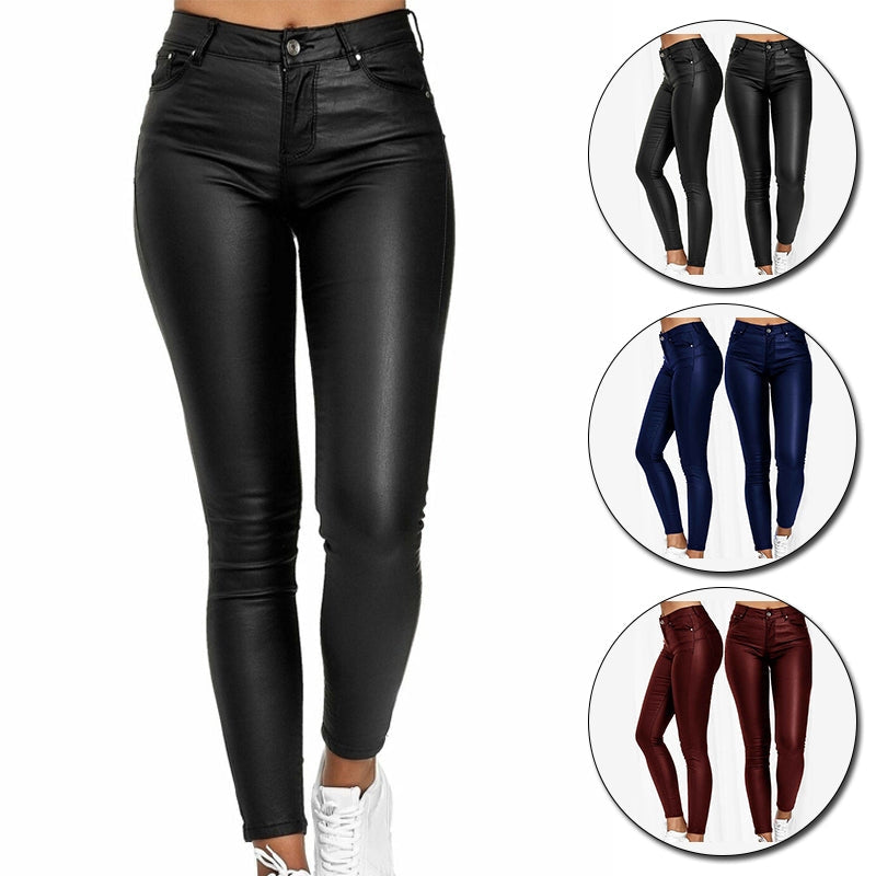 High-Waisted Stretch Faux-Leather Skinny Pants with Five Pockets for Women