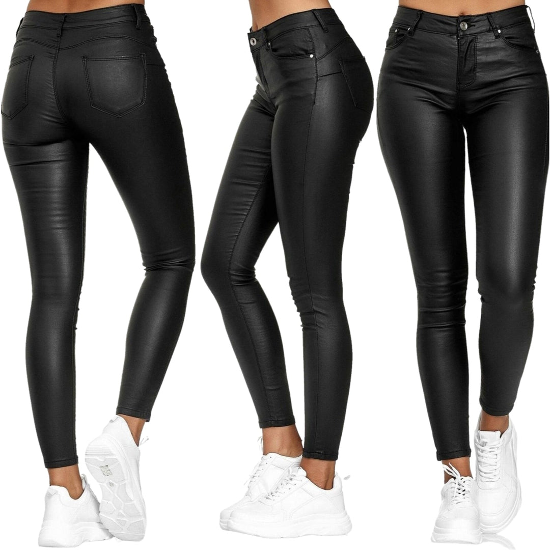High-Waisted Stretch Faux-Leather Skinny Pants with Five Pockets for Women