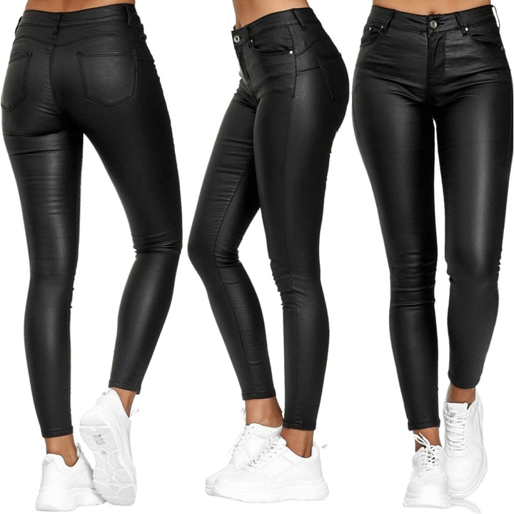 High-Waisted Stretch Faux-Leather Skinny Pants with Five Pockets for Women