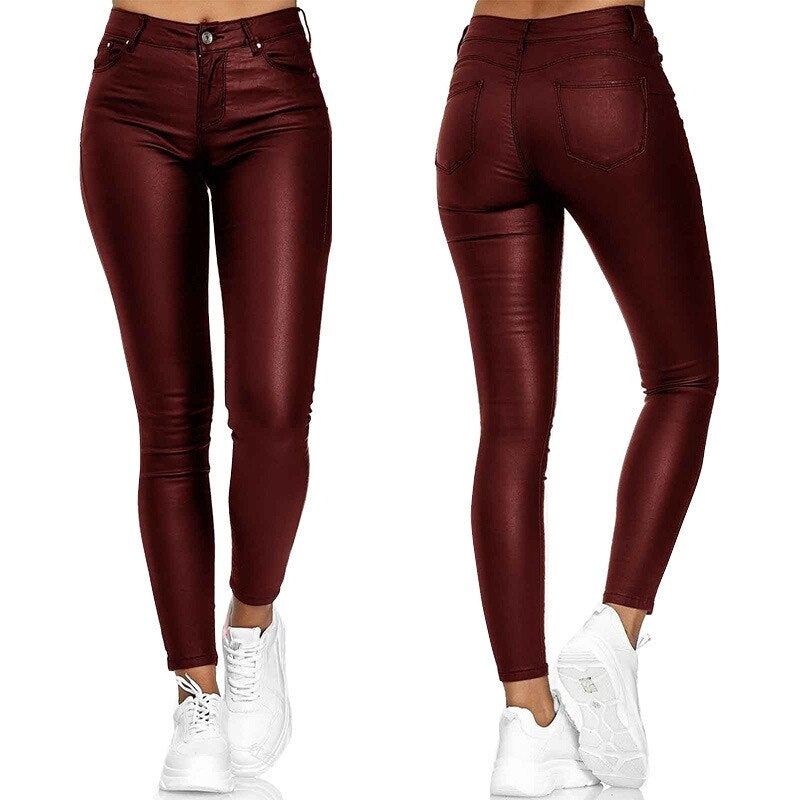 High-Waisted Stretch Faux-Leather Skinny Pants with Five Pockets for Women