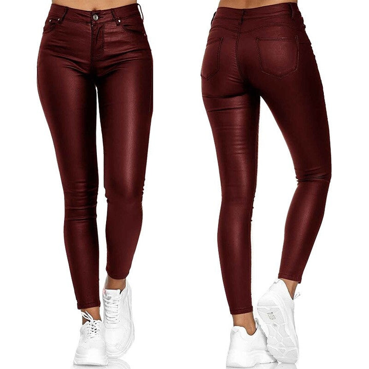 High-Waisted Stretch Faux-Leather Skinny Pants with Five Pockets for Women
