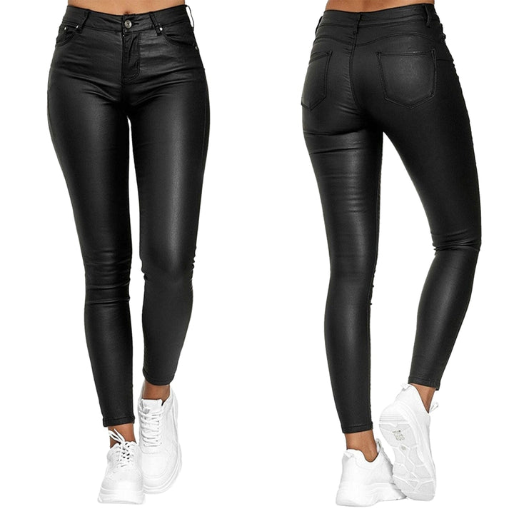 High-Waisted Stretch Faux-Leather Skinny Pants with Five Pockets for Women
