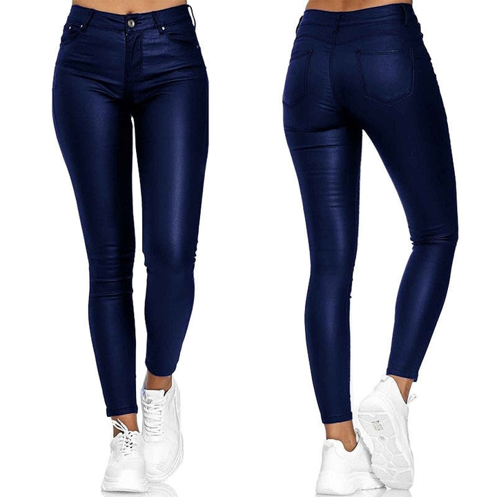 High-Waisted Stretch Faux-Leather Skinny Pants with Five Pockets for Women