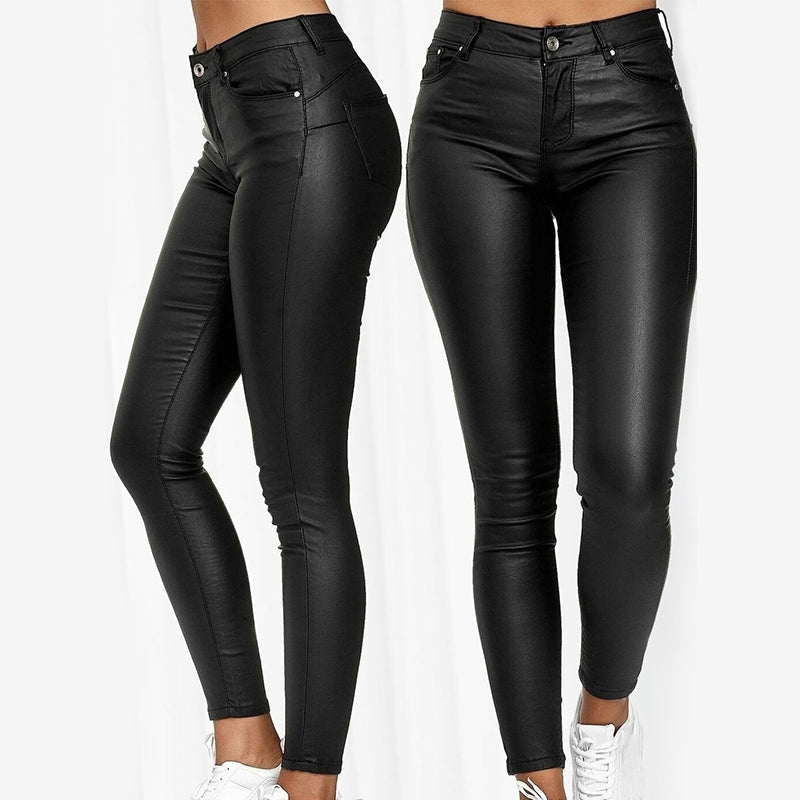 High-Waisted Stretch Faux-Leather Skinny Pants with Five Pockets for Women