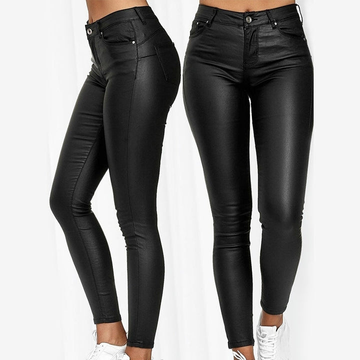 High-Waisted Stretch Faux-Leather Skinny Pants with Five Pockets for Women