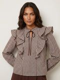 Holly - Ruffled Check Blouse for Women with Tie Neck and Long Sleeves