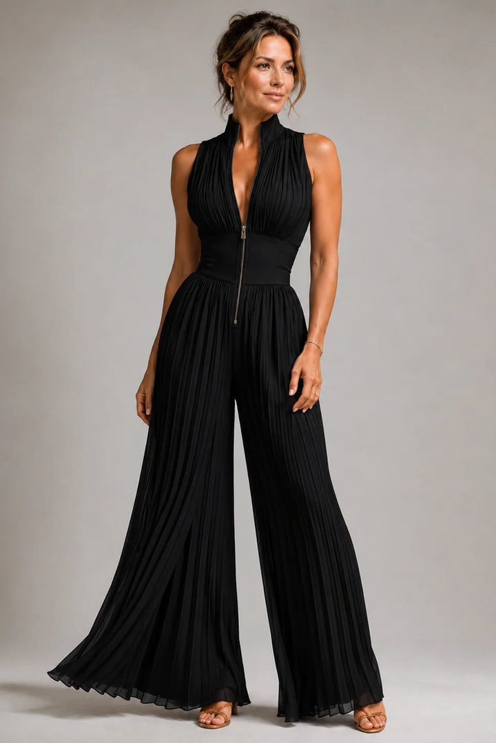Floral chiffon wide-leg V-neck jumpsuit, lifestyle occasion shot