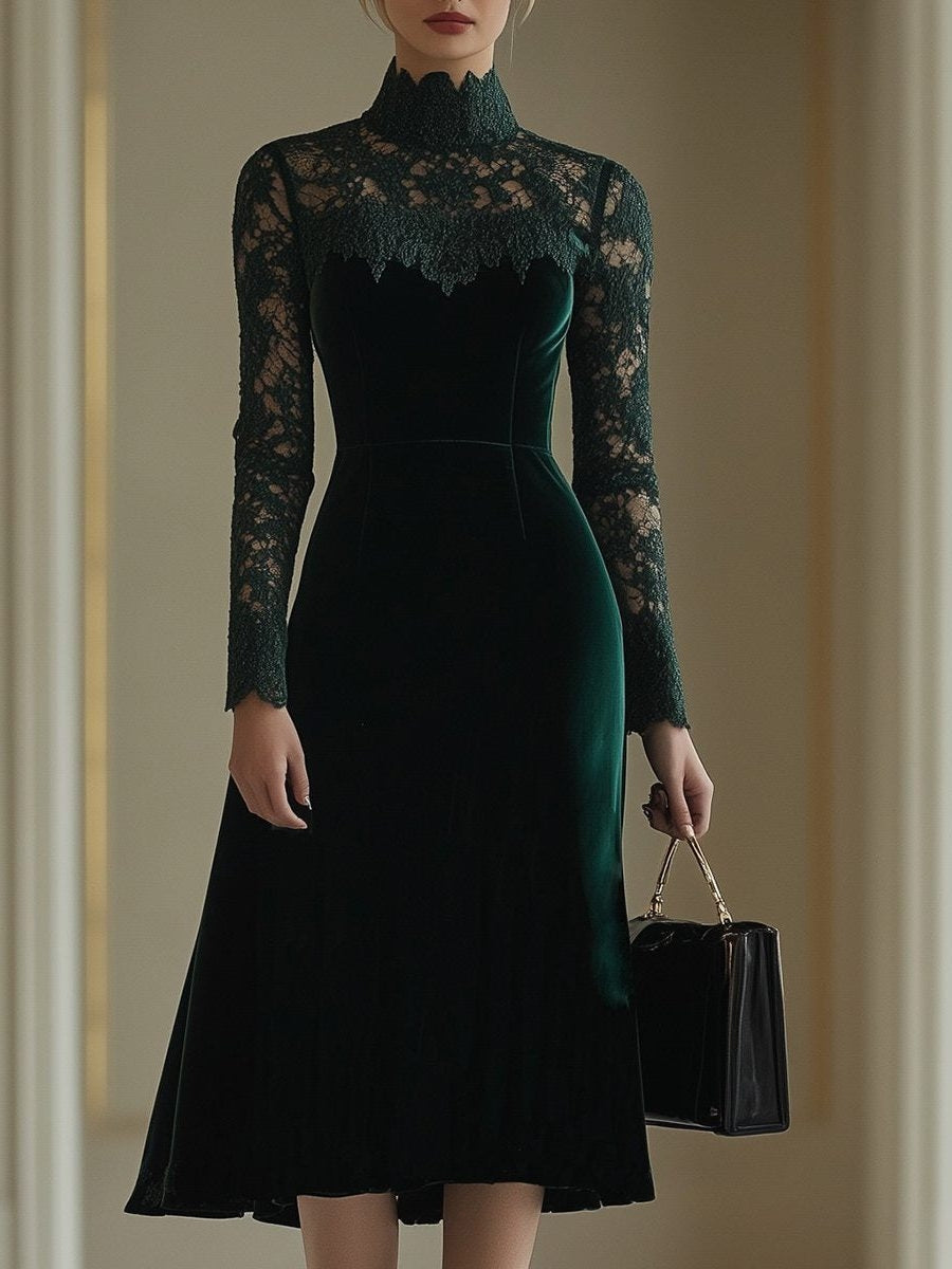 Lace Turtleneck Fall Wedding Guest Midi Dress for Women