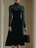 Juliet - Velvet Midi Dress with Lace Sleeves and High Neckline