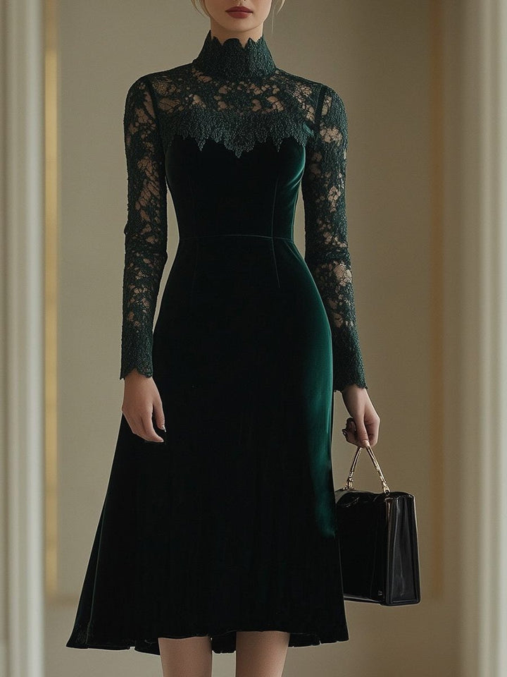 Lace Turtleneck Fall Wedding Guest Midi Dress for Women