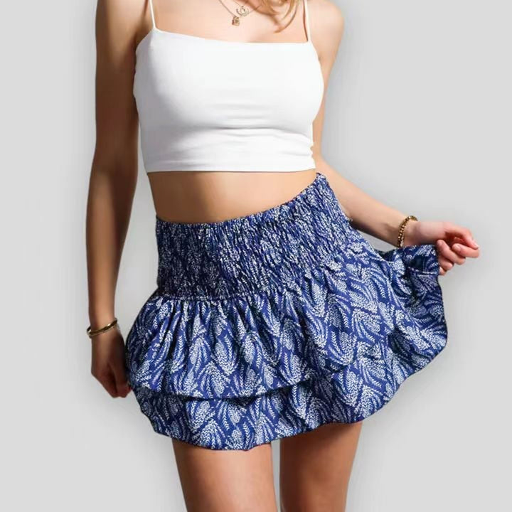 Donkerblauwe boho rokje met mandala print en gesmokte band