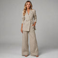 Lined Check Wide-Leg Suit Set with Notched Lapel for Women
