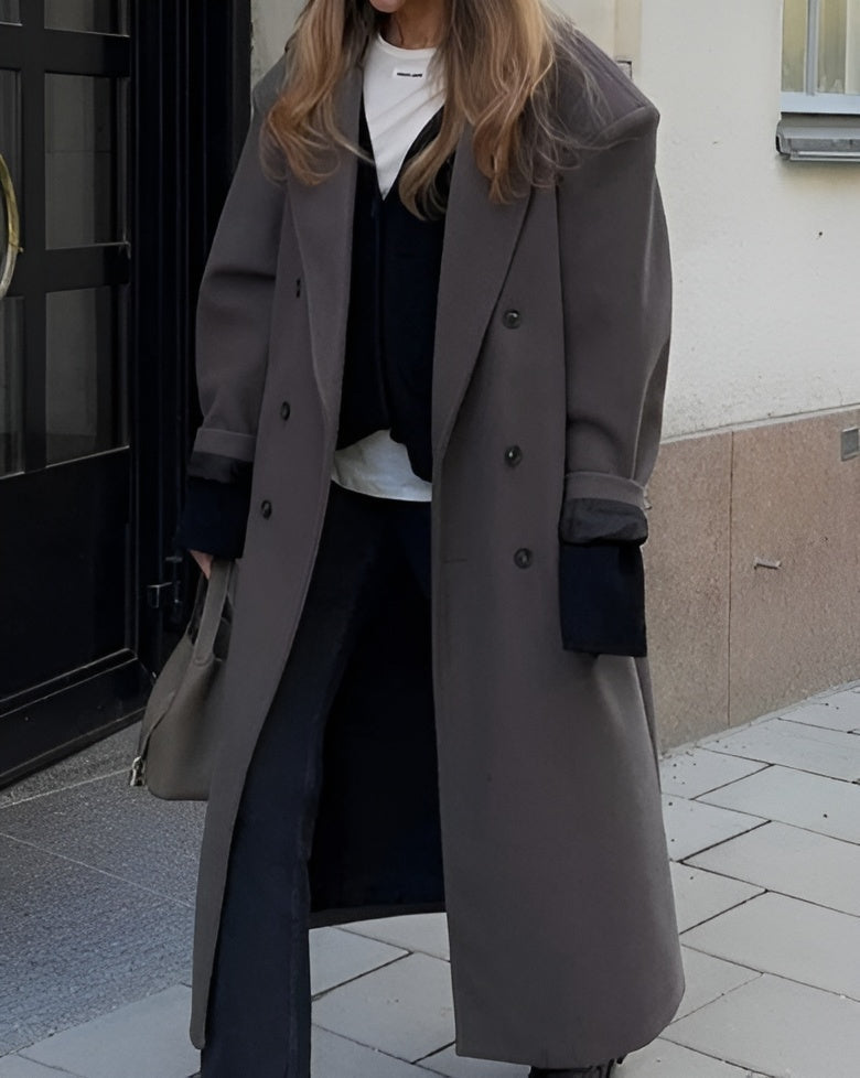 Dames Lange Wollen Jas Dubbelrijs met Reverskraag