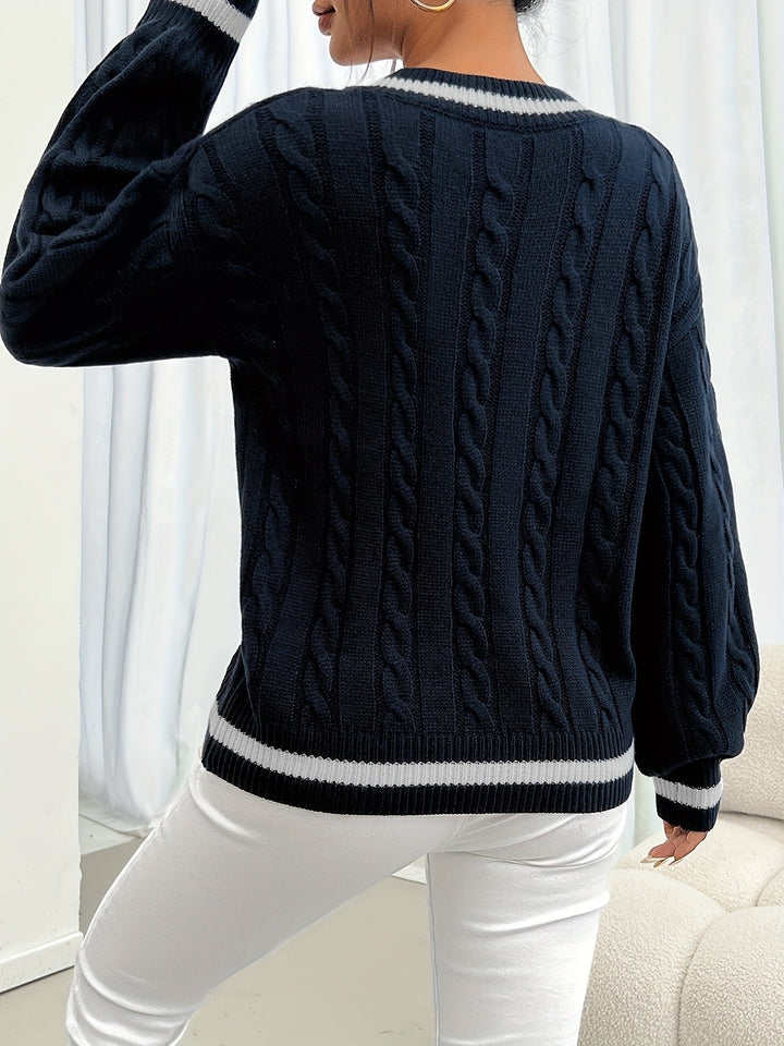 Strickpullover Damen | Zopfmuster &amp; V-Ausschnitt