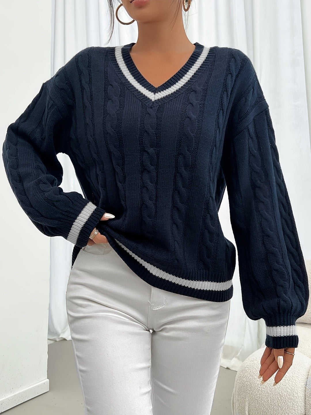Strickpullover Damen | Zopfmuster &amp; V-Ausschnitt
