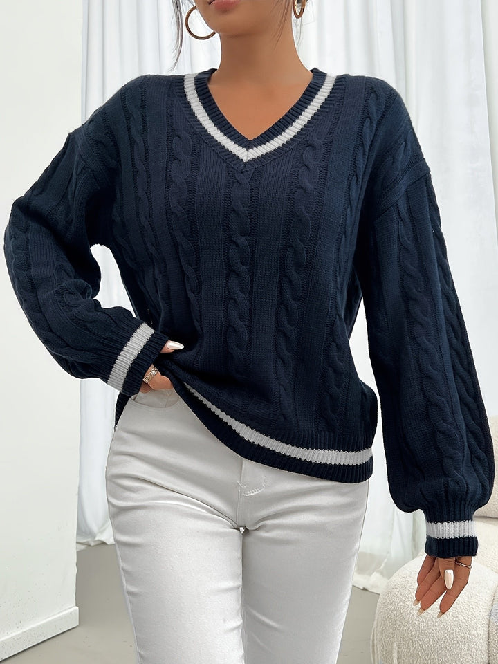 Strickpullover Damen | Zopfmuster &amp; V-Ausschnitt