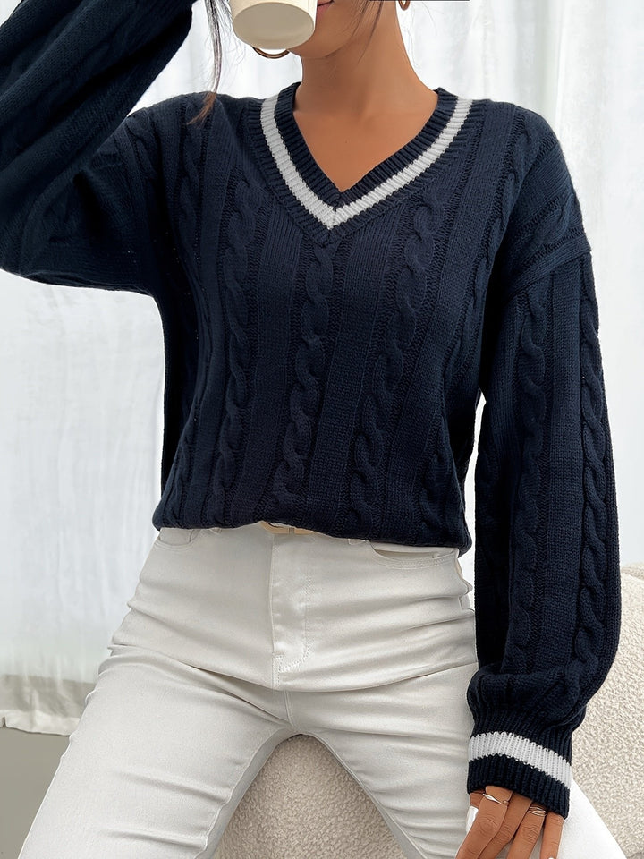 Strickpullover Damen | Zopfmuster &amp; V-Ausschnitt