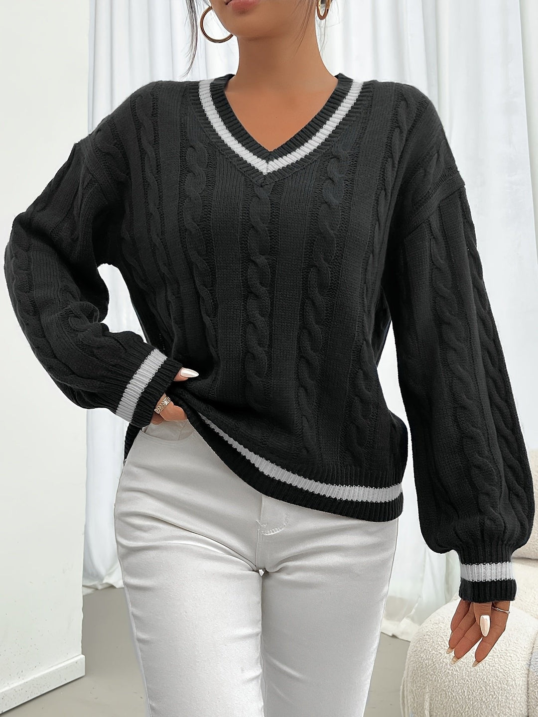 Strickpullover Damen | Zopfmuster &amp; V-Ausschnitt