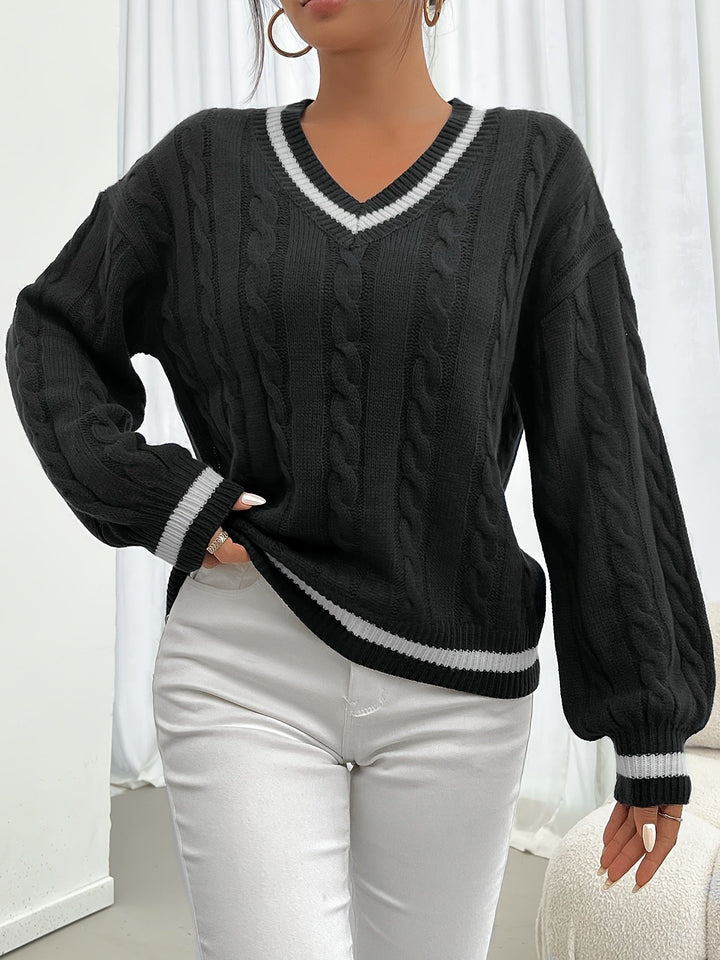 Strickpullover Damen | Zopfmuster &amp; V-Ausschnitt