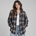 Loose Check Overshirt with Notched Collar and Button Front for Women