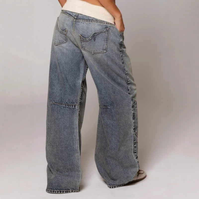 dames baggy jeans in blauwe denim met zakdetails, zijaanzicht