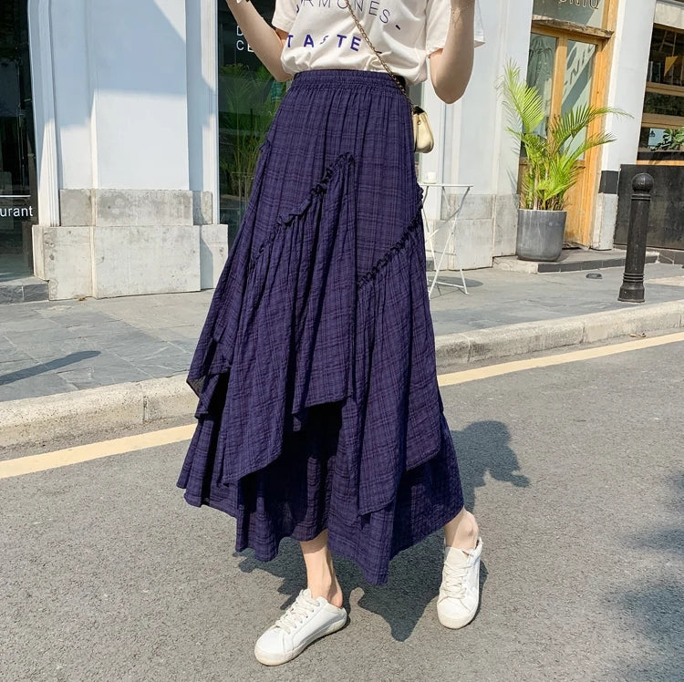 Lange Rok Dames | Retro Ruitpatroon &amp; Asymmetrische Volantrok