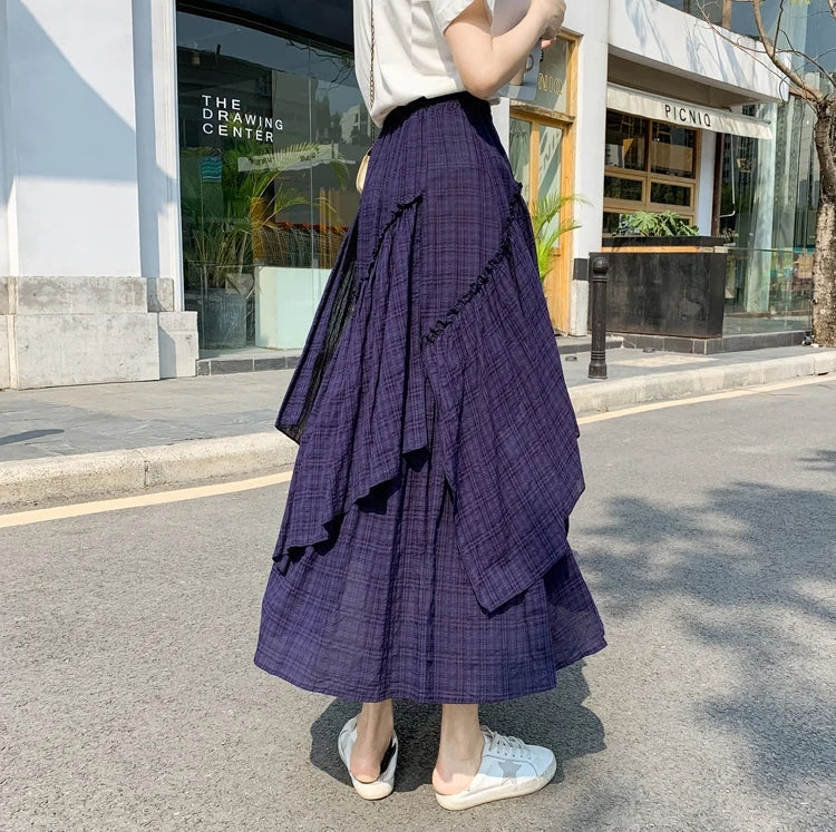Lange Rok Dames | Retro Ruitpatroon & Asymmetrische Volantrok