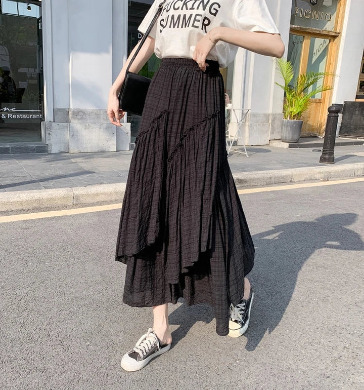 Lange Rok Dames | Retro Ruitpatroon &amp; Asymmetrische Volantrok
