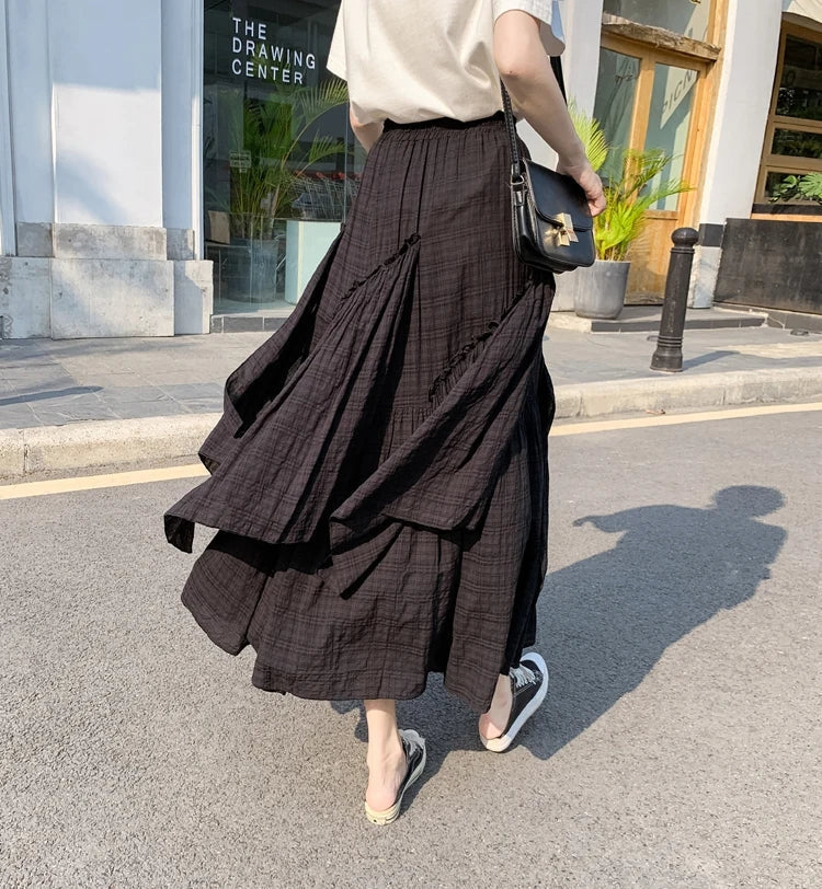 Lange Rok Dames | Retro Ruitpatroon &amp; Asymmetrische Volantrok