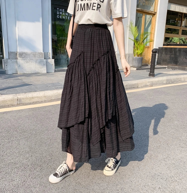 Lange Rok Dames | Retro Ruitpatroon &amp; Asymmetrische Volantrok