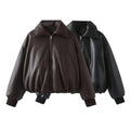 Megan - Women's Relaxed Vegan Leather Bomber Jacket with Ribbed Cuffs