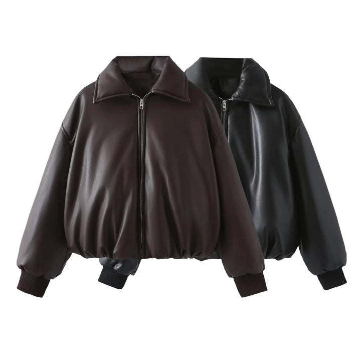 dames bomberjack in oversized stijl, vegan leer zwart en bruin