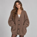 Oversized Chunky Knit Cardigan with V-Neck and Patch Pockets for Women