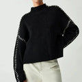 Paige - Women's Oversized Mock Neck Sweater with Whipstitch Detail