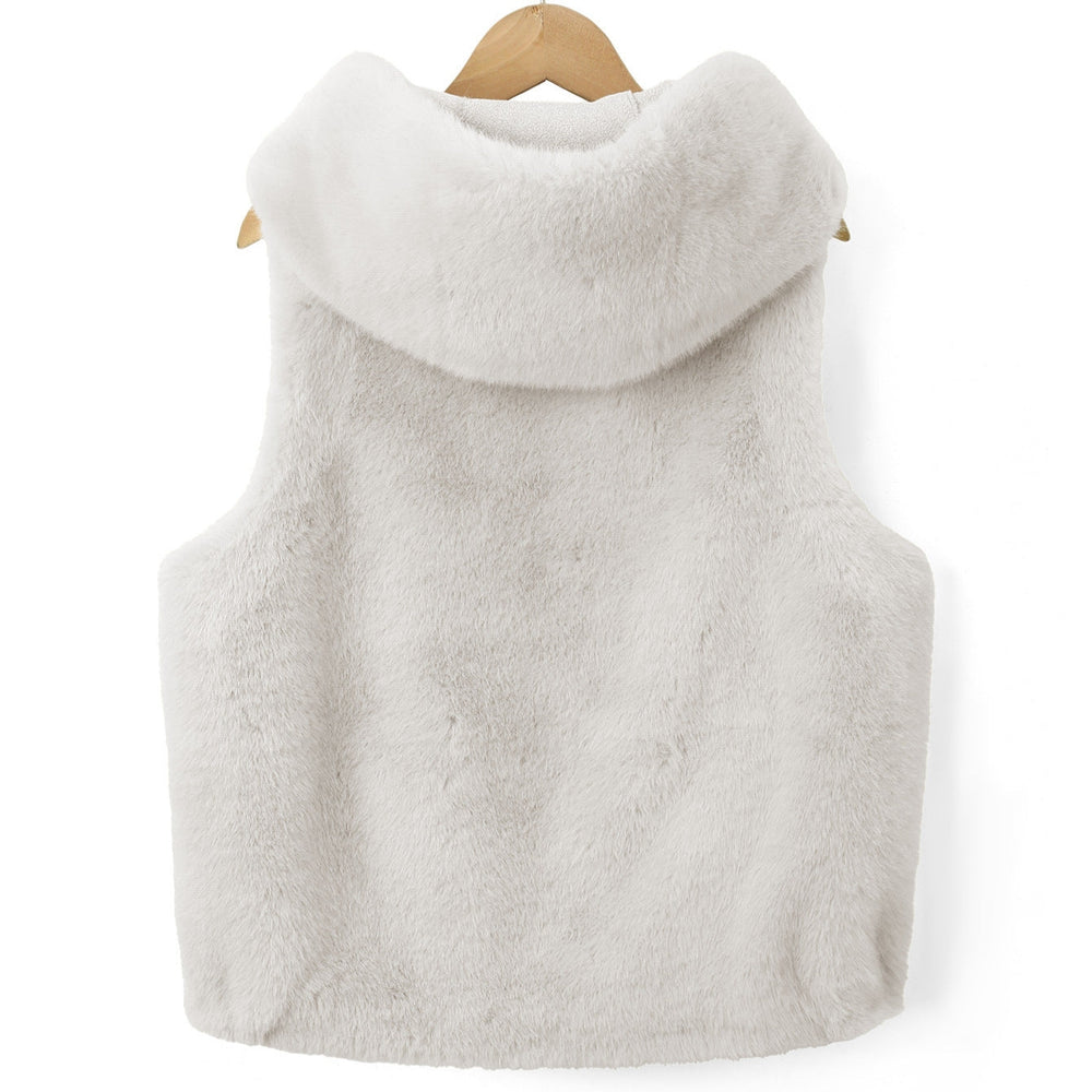 Bexley hooded fleece vest, back view on hanger