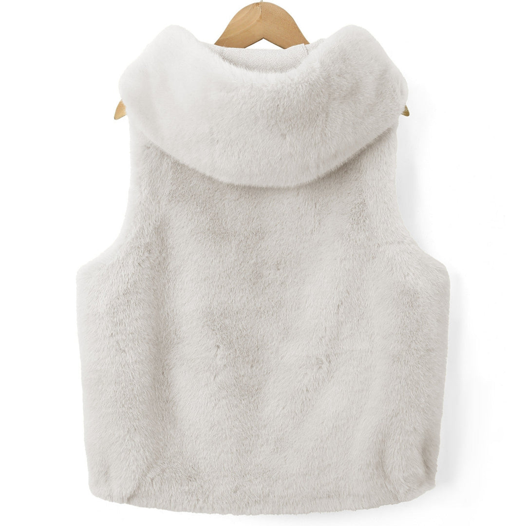 Bexley hooded fleece vest, back view on hanger